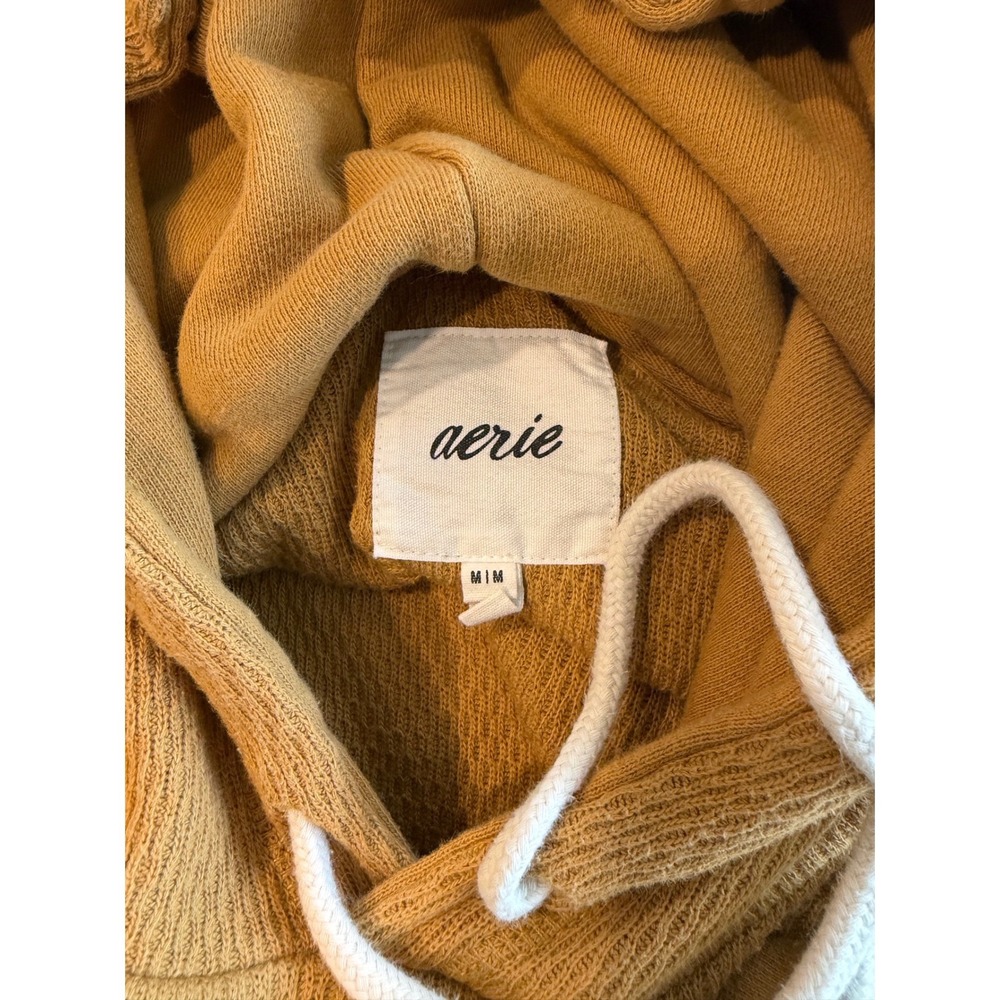 Aerie Mustard Yellow Cropped Textured Waffle Knit Hoodie Sweatshirt Womens M - Picture 7 of 7